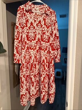 Rust and Cream Printed Long Sleeve Tiered Midi Dress